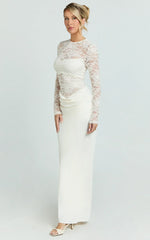 Crisanta Maxi Dress - Long Sleeve Contrast Lace Bodycon Dress in Ivory