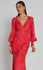 Claude Midi Dress - Deep V Neck Long Sleeve Slip Dress in Print